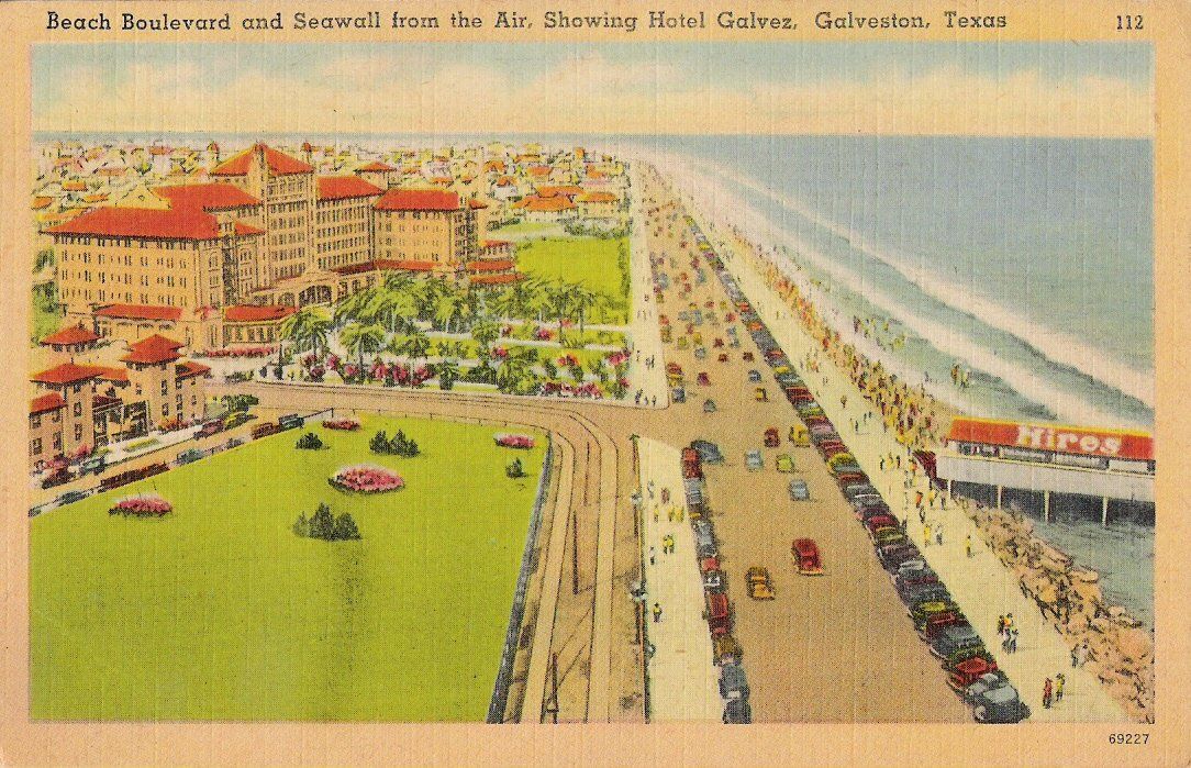 Vintage postcard of Beach Boulevard and the Seawall from the air